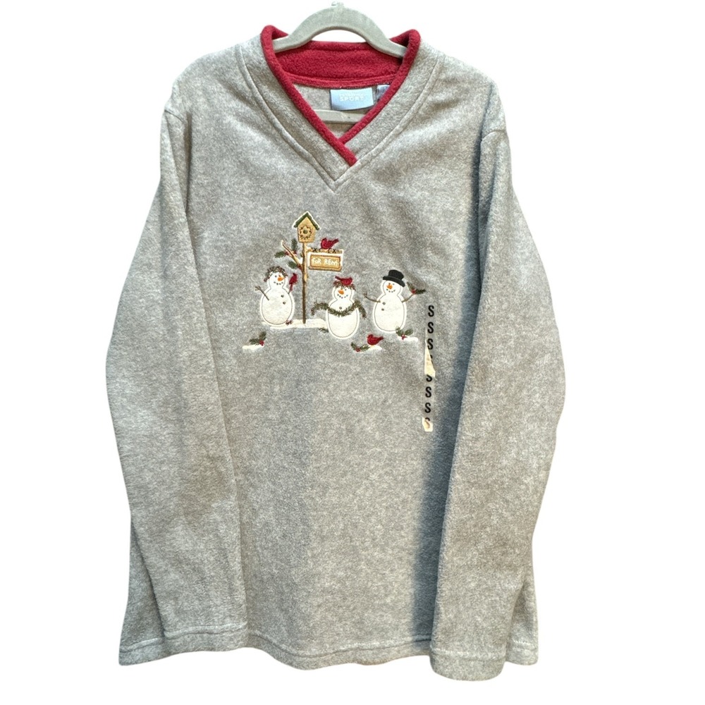 Croft & Barrow Sport Fleece Sweater Embroidered Snowman‎ V-Neck Gray Size S NWT